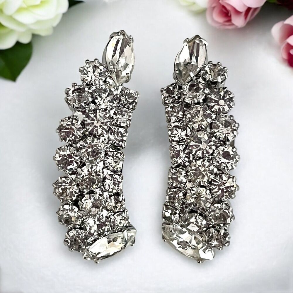 Vintage 1960s Clip On Earrings Rhinestone Pave Drop Silver Tone Bridal - 10Y